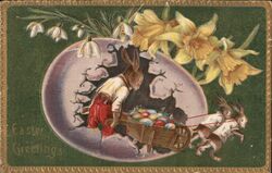 Easter Bunny with Wheelbarrow of Eggs, Pulled by Another Bunny Postcard