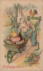 Happy Easter Bunny with Chick and Eggs in Wheelbarrow Postcard