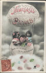 Two Girls in Hot Air Balloon Basket, Heureuses Pâques With Children Postcard Postcard Postcard