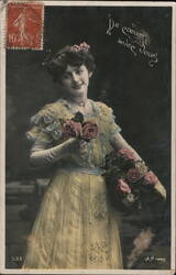 Young Woman in Yellow Dress with Roses, De cœur avec vous Postcard