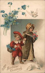 Birthday Greetings, Two Children with Flowers and Doves Postcard