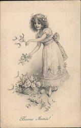 Bonne Année! Young Girl with Mistletoe and Roses Postcard