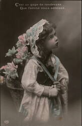 French Child with Basket of Flowers, C. 1900s Postcard