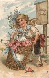 Cherubic Angel with Basket of Flowers, Birthday Greeting Postcard Postcard