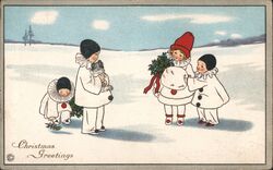 Four Children Dressed as Pierrots in the Snow, Christmas Greetings Postcard