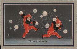 Bonne Année, Two Children Throwing Snowballs Postcard