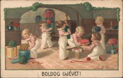 Six Children with New Year's Gifts and Cake, Boldog Újévet! Pami Ebner Postcard Postcard Postcard