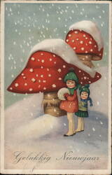 Two Dutch Children in the Snow with Mushrooms Postcard