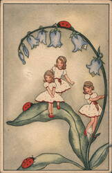 Three Girls & Ladybugs on Bluebell Flowers Postcard