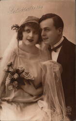 Sepia Wedding Portrait, Bride & Groom, Roses, Veil, "Felicitations" Postcard