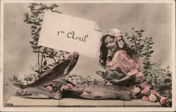 April Fool's Day Postcard, Girl with Fish April Fools Day Postcard Postcard