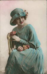 Woman in Blue Dress and Hat with Roses Postcard