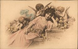 Woman with Cherubs and Roses Postcard