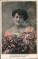 Woman with Bouquet of Sweet Peas, French Postcard Postcard