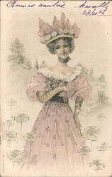 Woman in Pink Dress with Flowers Postcard