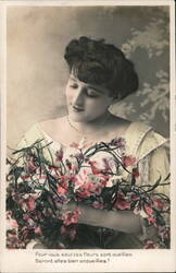 Woman with Bouquet of Flowers Postcard Postcard Postcard