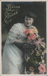 Bonne Année, Young Woman with Flowers Beautiful Ladies Postcard Postcard Postcard