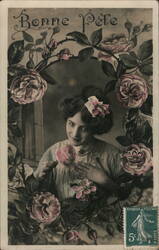 Bonne Fete, Young Woman with Roses Flowers Postcard Postcard Postcard