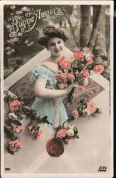 Bonne Année, Beautiful Woman with Roses, French Postcard Beautiful Ladies Postcard Postcard