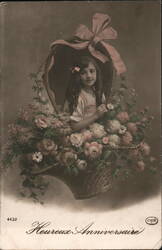 Happy Birthday, Girl in Flower Basket, French Postcard Postcard Postcard