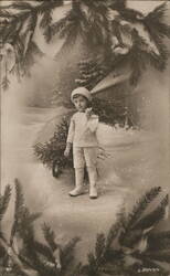 Boy Carrying Christmas Tree, Snowy Winter Scene Children Postcard Postcard Postcard