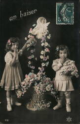 Two Children with a Basket of Flowers, "Un Baiser" Postcard