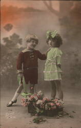 Boy and Girl with Basket of Flowers Postcard