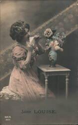 Woman Smelling Letter, Flowers, Sainte LOUISE Postcard