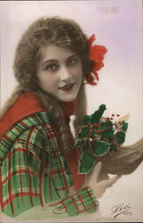 Young Woman with Holly Sprig, Plaid Dress Postcard