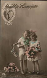 Gelukkig Nieuwjaar - Dutch New Year's Postcard, Boy & Girl with Flowers & Horseshoe Postcard