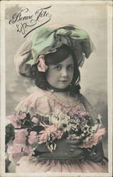 Bonne Fête, Girl with Flowers, French Postcard Postcard