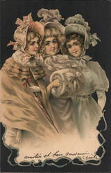 Three Girls in Hats and Winter Coats, Amitié et Bon Souvenir Postcard