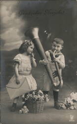 Children with Tuba, Flowers, Letter, Happy New Year Postcard Postcard Postcard