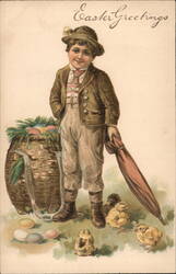 Easter Greetings, Boy with Basket, Chicks, Umbrella With Chicks Postcard Postcard Postcard