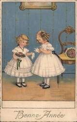 Two Girls in White Dresses, Bonne Année Postcard