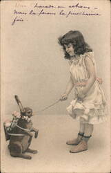 Girl with Easter Bunny on Leash Postcard