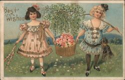 Two Girls with Flowers and Branch, Best Wishes Postcard