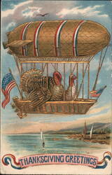 Thanksgiving Greetings, Turkeys in Dirigible Postcard