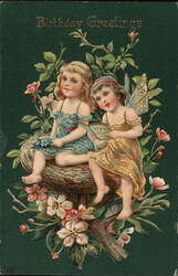 Two Fairies in a Nest Birthday Greeting Postcard Postcard Postcard