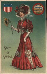 Woman in Red Dress with Sunflower, State of Kansas Postcard Postcard