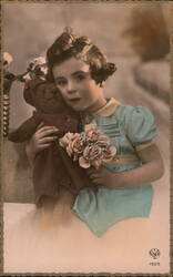 Little Girl Holding Teddy Bear and Flowers Children Postcard Postcard Postcard