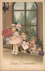 Buon Onomastico, Four Children with Flowers and Letter With Children A. Bertiglia Postcard Postcard Postcard