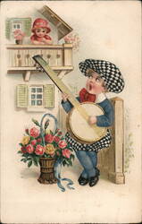 Boy with Banjo, Girl on Balcony, Basket of Roses Children Postcard Postcard Postcard