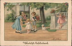 Four Children with Flowers, Dog, Gate, Steps Pauli Ebner Postcard Postcard Postcard