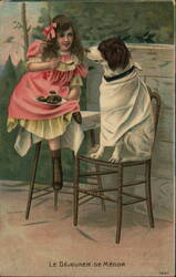 Girl and Dog Having Breakfast, Le Déjeuner de Médor Postcard