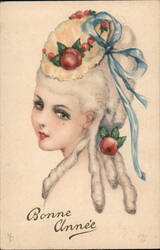 Bonne Année, Young Girl with Decorated White Wig, Primus No. 2066 Beautiful Ladies Postcard Postcard Postcard