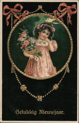 Girl with Roses, Dutch New Year Postcard Postcard