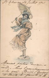 Woman with Parasol, Wind at Her Back Postcard