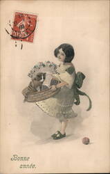 Bonne année. Girl with Kitten and Flowers Postcard