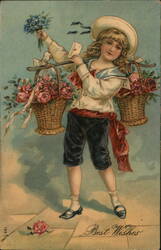 Boy with Baskets of Flowers, Best Wishes Postcard Postcard Postcard